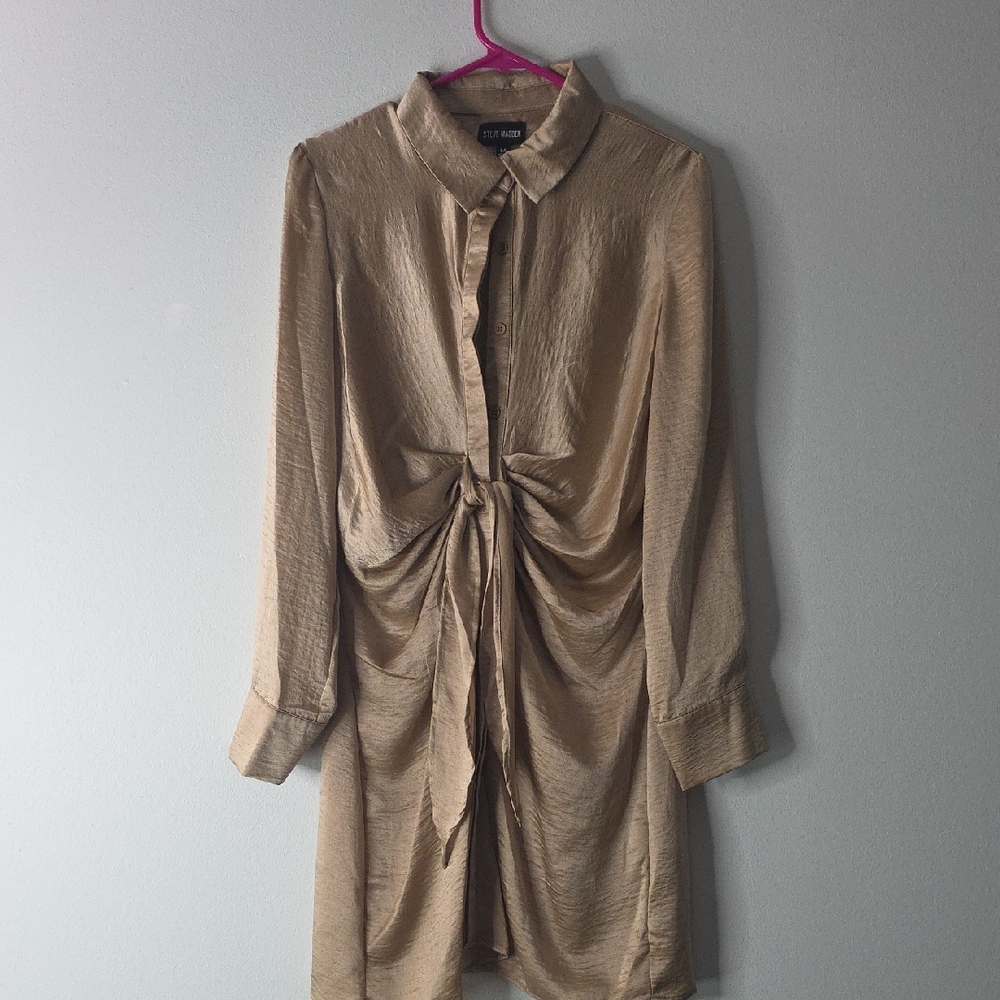 Steve Madden Silky Tan Long Sleeve Dress with Tie-Front